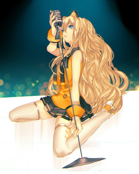 Anime picture 1043x1300 with vocaloid seeu tian (my dear) single long hair tall image blue eyes blonde hair sitting bare shoulders animal ears cat ears looking up girl thighhighs white thighhighs wrist cuffs microphone microphone stand