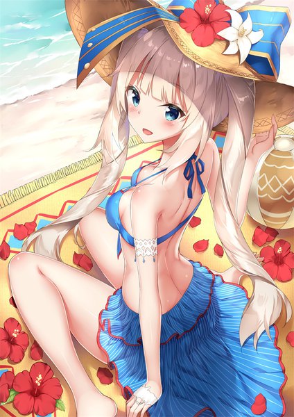 Anime picture 800x1131 with fate (series) fate/grand order marie antoinette (fate/grand order) rong yi tan single long hair tall image looking at viewer blush fringe breasts open mouth blue eyes light erotic sitting twintails bare shoulders cleavage silver hair bent knee (knees)