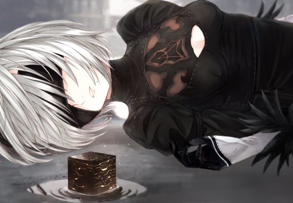 Anime picture 979x678 with nier nier:automata yorha no. 2 type b izu asakura single fringe short hair cleavage upper body white hair lying parted lips blurry mole depth of field puffy sleeves cleavage cutout mole under mouth center opening blindfold