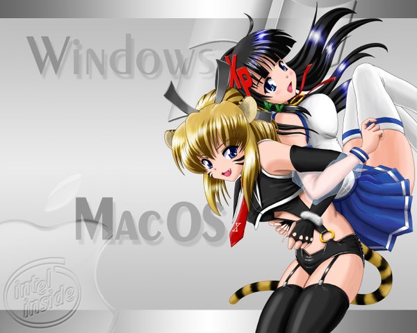 Anime picture 1280x1024 with macintosh os-tan windows (operating system) xp-tan (saseko) osx long hair light erotic tiger