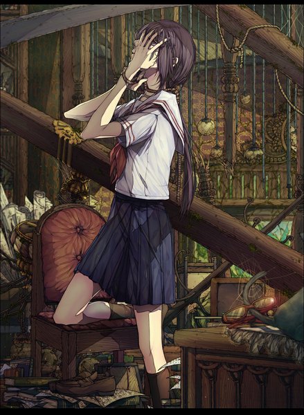 Anime picture 812x1110 with vocaloid yuurei yashiki no kubitsuri shoujo (vocaloid) gumi nai kitsu (artist) single long hair tall image purple eyes purple hair letterboxed girl skirt uniform school uniform socks glasses boots book (books) black socks chair