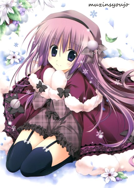 Anime picture 2146x3000 with korie riko single long hair tall image blush fringe highres smile hair between eyes sitting purple eyes purple hair from above scan snowing winter snow girl thighhighs dress