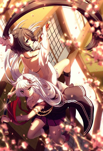 Anime picture 800x1173 with rosuuri tall image looking at viewer breasts light erotic black hair smile bare shoulders multiple girls holding animal ears yellow eyes cleavage bent knee (knees) white hair ponytail very long hair pleated skirt pink eyes looking back
