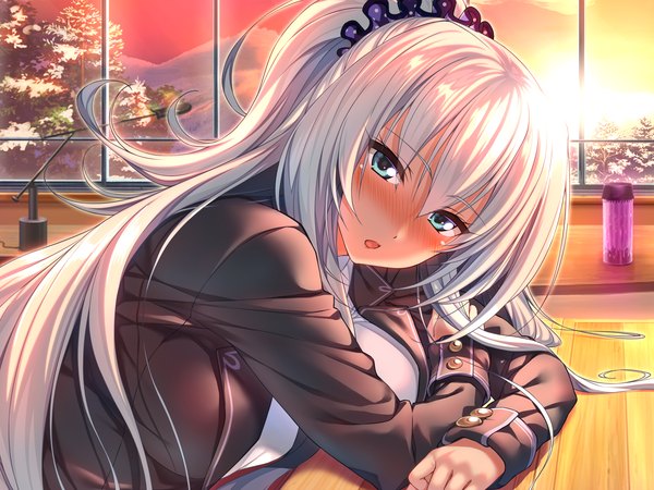 Anime picture 2048x1536 with amakano suzurikawa euphrasie ruika piromizu single long hair blush fringe highres breasts open mouth large breasts game cg silver hair sunlight evening mountain breast press girl uniform plant (plants)
