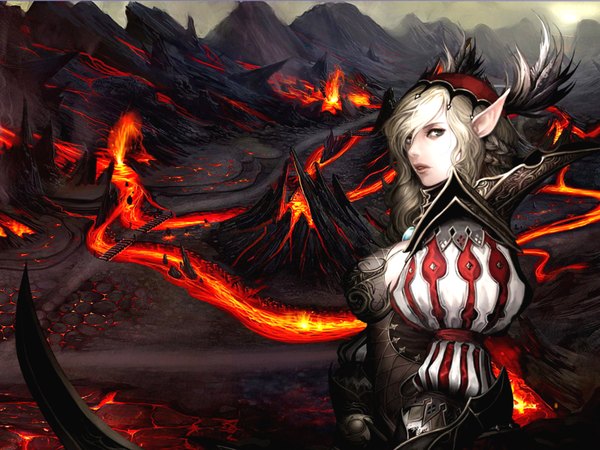 Anime picture 1600x1200 with atlantica online tagme (artist) single long hair blonde hair braid (braids) pointy ears grey eyes puffy sleeves mountain river cropped lava girl weapon headdress armor feather (feathers) sun bridge