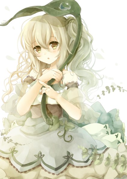 Anime picture 900x1273 with original puracotte single long hair tall image looking at viewer blush open mouth yellow eyes white hair girl dress leaf (leaves)