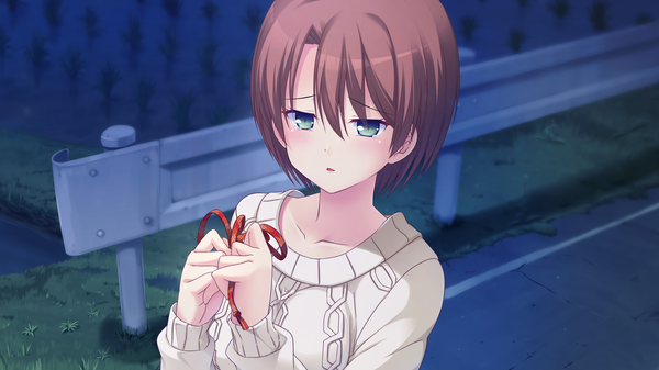 Anime picture 2560x1440 with kanojo step yanagi asuka single blush highres short hair brown hair wide image green eyes looking away game cg girl sweater