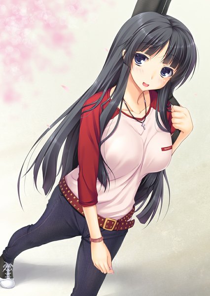 Anime picture 727x1023 with k-on! kyoto animation akiyama mio miyai max single long hair tall image looking at viewer blush blue eyes black hair girl belt cross clock guitar pocket watch instrument case