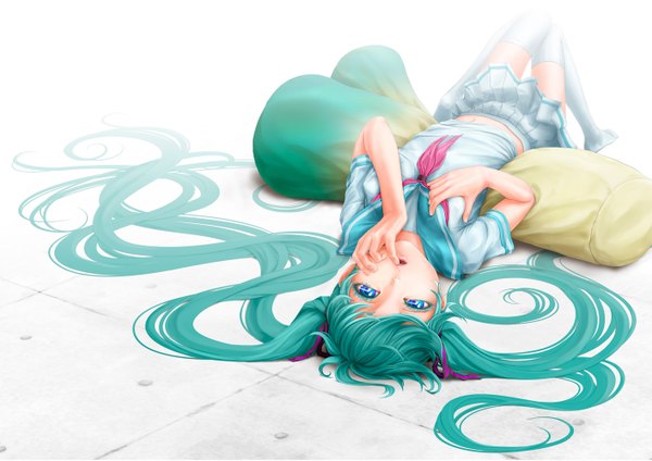 Anime picture 1414x1000 with vocaloid hatsune miku pi (pppppchang) single long hair fringe open mouth blue eyes twintails lying very long hair aqua eyes aqua hair finger to mouth upside down girl thighhighs uniform school uniform