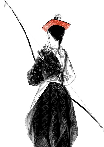 Anime picture 1300x1838 with original sousou (sousouworks) single long hair tall image black hair simple background white background ponytail traditional clothes japanese clothes from behind monochrome girl weapon hat bow (weapon) arrow (arrows)