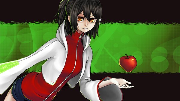 Anime picture 2560x1440 with utau bad apple!! utaune nami single highres short hair black hair red eyes wide image girl fruit apple