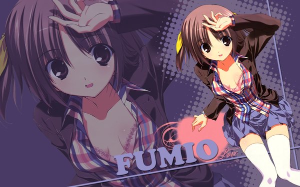 Anime picture 1920x1200 with hoshiuta suou nanano fumio (ura fmo) single highres short hair breasts open mouth light erotic brown hair wide image sitting brown eyes cleavage ponytail wallpaper side ponytail zoom layer girl thighhighs