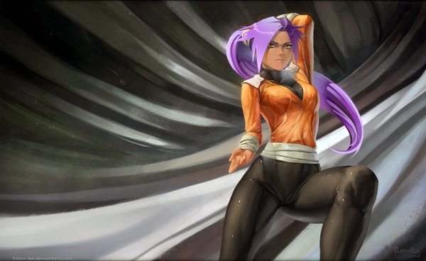 Anime picture 5000x3070 with bleach studio pierrot shihouin yoruichi foton-ike single long hair highres light erotic wide image yellow eyes absurdres purple hair ponytail third-party edit stitched girl