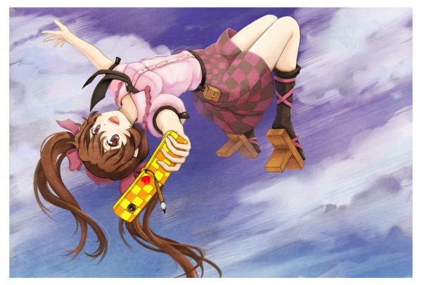 Anime picture 1200x810 with touhou himekaidou hatate qontamblue single long hair open mouth brown hair twintails brown eyes cloud (clouds) border weightlessness checkered skirt girl skirt bow hair bow