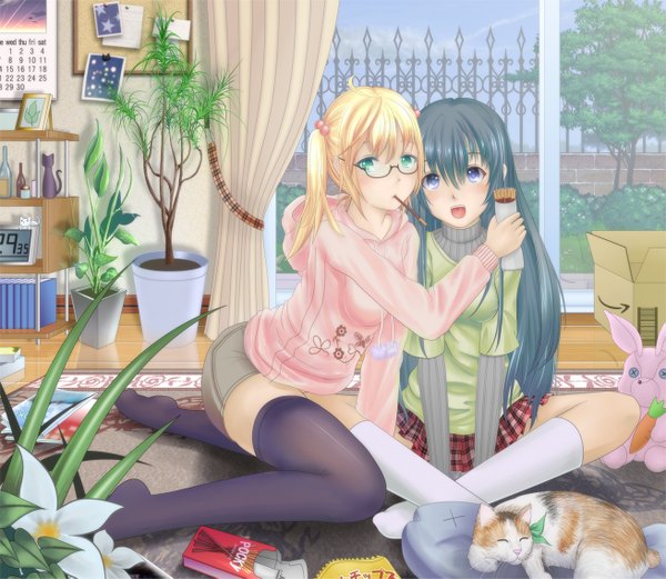 Anime picture 1309x1137 with original fuyu urara long hair open mouth black hair blonde hair sitting twintails purple eyes multiple girls green eyes short twintails girl thighhighs skirt flower (flowers) black thighhighs 2 girls plant (plants) miniskirt