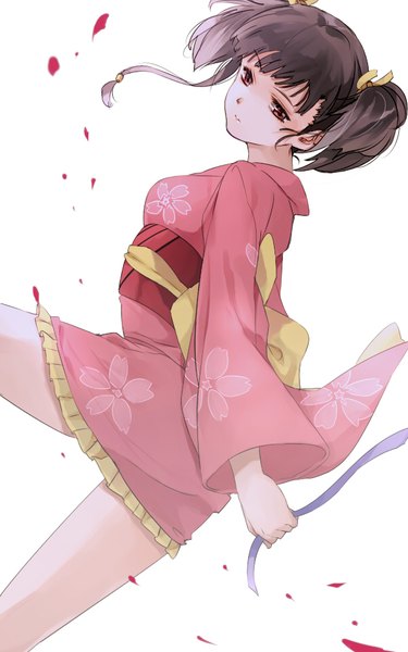 Anime picture 600x960 with koutetsujou no kabaneri wit studio mumei (kabaneri) tama (05728) single tall image fringe short hair black hair simple background white background twintails brown eyes looking away traditional clothes japanese clothes floral print short twintails arched back girl