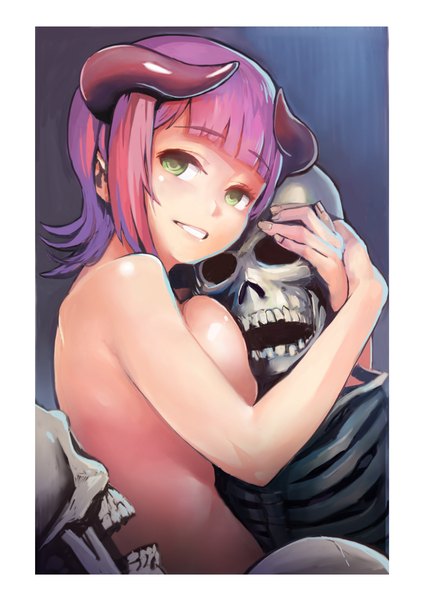 Anime picture 1500x2122 with idolmaster amami haruka kousaku single tall image short hair breasts light erotic smile green eyes pink hair upper body horn (horns) nude hug topless breast press demon skeleton alternate hair color