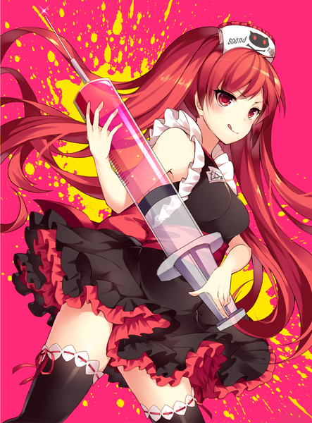 Anime picture 1060x1435 with sound voltex konoha (sound voltex) homaderi single long hair tall image blush fringe breasts simple background smile red eyes large breasts standing twintails bare shoulders holding looking away red hair pink background