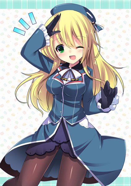 Anime picture 816x1157 with kantai collection atago heavy cruiser snow (gi66gotyo) single long hair tall image blush open mouth blonde hair green eyes one eye closed wink girl dress pantyhose beret