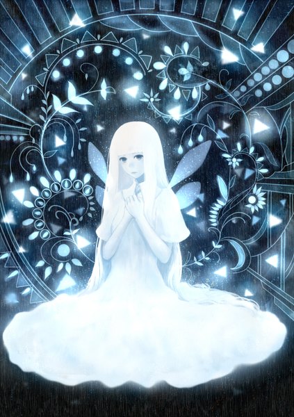 Anime picture 1200x1700 with original bounin single long hair tall image looking at viewer sitting green eyes white hair hand on chest fantasy fairy girl dress flower (flowers) white dress