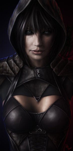 Anime picture 974x2000 with diablo (game) blizzard entertainment kreak single tall image looking at viewer black hair lips realistic grey eyes close-up face girl hood