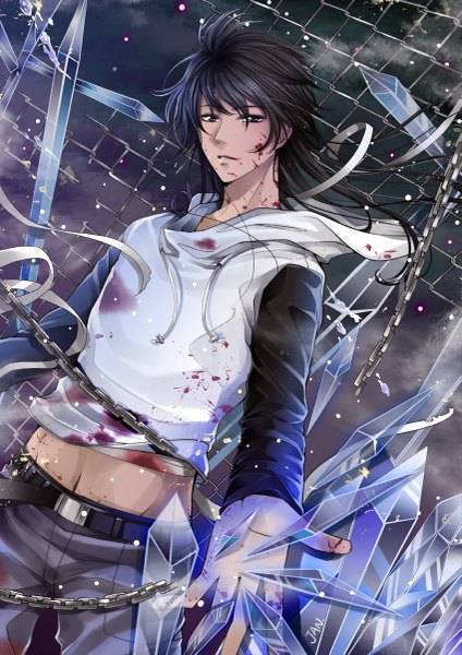 Anime picture 849x1200 with code: breaker kinema citrus yukihina (breaker) jean popo single long hair tall image looking at viewer fringe black hair standing brown eyes sky cloud (clouds) magic snowing winter blood on face bloody clothes boy
