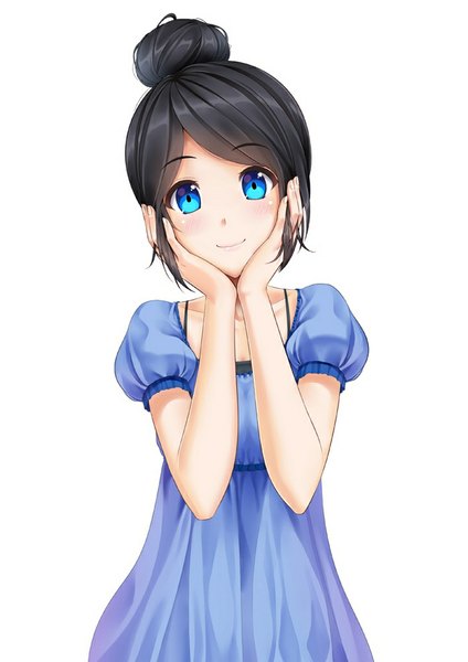 Anime picture 707x1000 with original huyumitsu single tall image looking at viewer fringe blue eyes black hair simple background smile white background hair bun (hair buns) hand on face hand on cheek girl