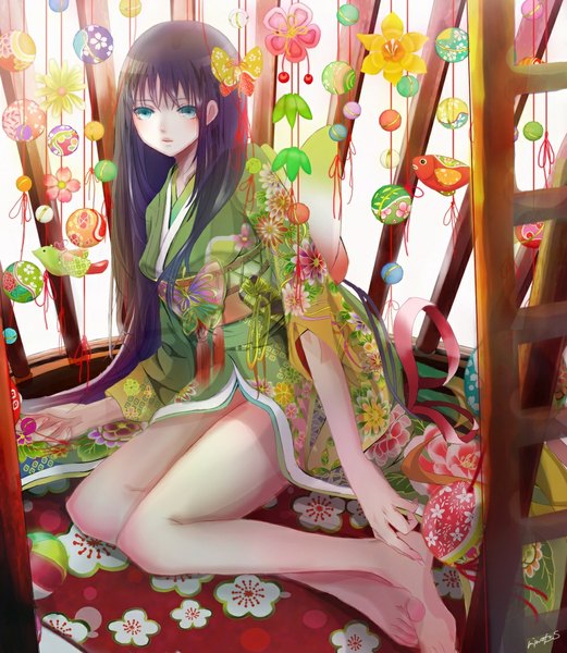 Anime picture 1000x1150 with original mimoto.s single long hair tall image looking at viewer blush fringe sitting signed purple hair indoors traditional clothes parted lips japanese clothes barefoot aqua eyes bare legs legs expressionless