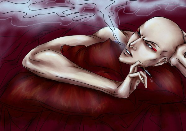 Anime picture 1024x724 with bleach studio pierrot madarame ikkaku oriental-lady single lying smoke on stomach smoking bald boy pillow cigarette
