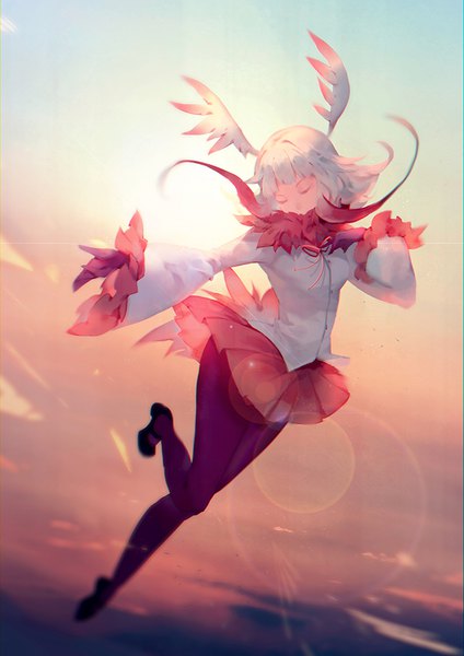 Anime picture 707x1000 with kemono friends crested ibis (kemono friends) vienri single tall image fringe short hair payot full body bent knee (knees) white hair blunt bangs eyes closed outstretched arm head wings midair girl skirt pantyhose wings