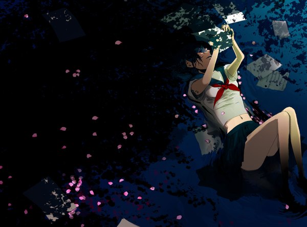 Anime picture 1517x1122 with original yugi (artist) single black hair lying black eyes girl petals water serafuku paper