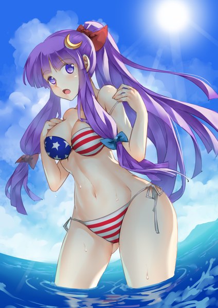 Anime picture 2480x3508 with touhou patchouli knowledge vycma single long hair tall image looking at viewer blush highres breasts open mouth light erotic purple eyes purple hair cloud (clouds) ponytail wide hips girl navel hair ornament