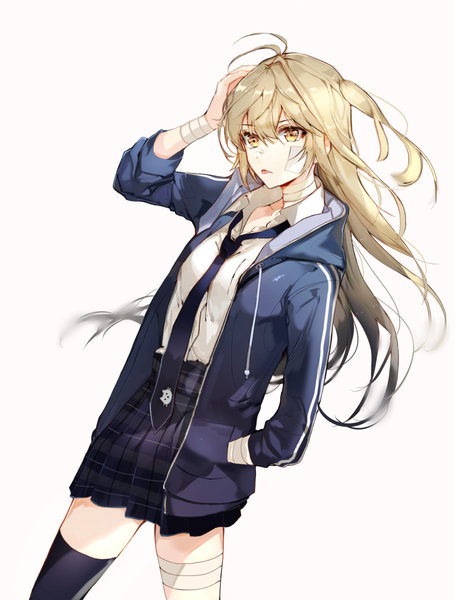 Anime picture 911x1200 with original naru (ul) single long hair tall image fringe simple background blonde hair hair between eyes white background yellow eyes looking away ahoge open jacket one side up plaid skirt hand on head open collar hand in pocket bandaid on face