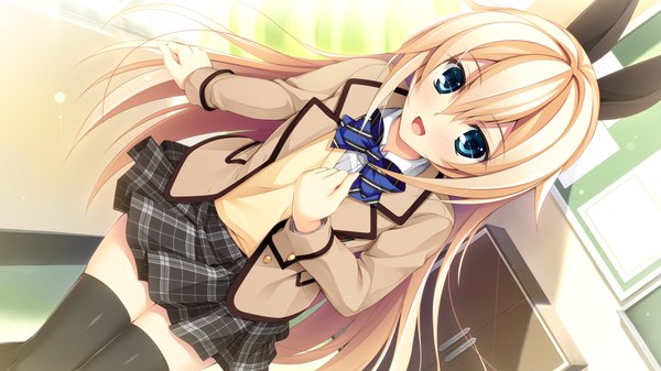 Anime picture 2194x1234 with pretty x cation 2 hibiki works kurashiki azusa single long hair looking at viewer blush highres open mouth blue eyes blonde hair wide image game cg girl thighhighs skirt uniform bow black thighhighs hair bow