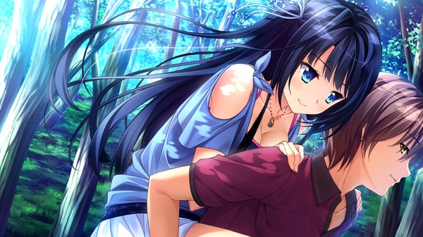 Anime picture 2560x1440 with natsu no iro no nostalgia moonstone manazuru misaki yamakaze ran long hair highres blue eyes black hair brown hair wide image yellow eyes game cg couple girl boy plant (plants) tree (trees) pendant