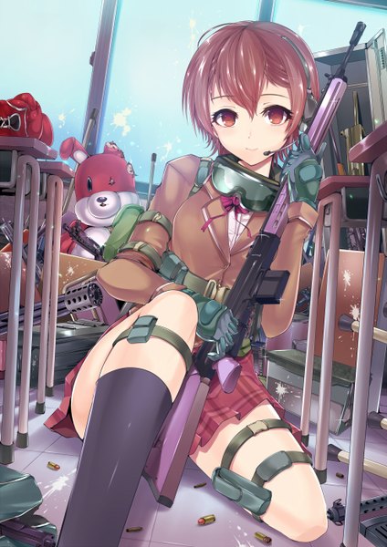 Anime picture 990x1400 with survival p game saotome tsubasa kasai shin single tall image looking at viewer blush fringe short hair smile brown hair sitting holding bent knee (knees) indoors pleated skirt plaid skirt goggles around neck girl skirt