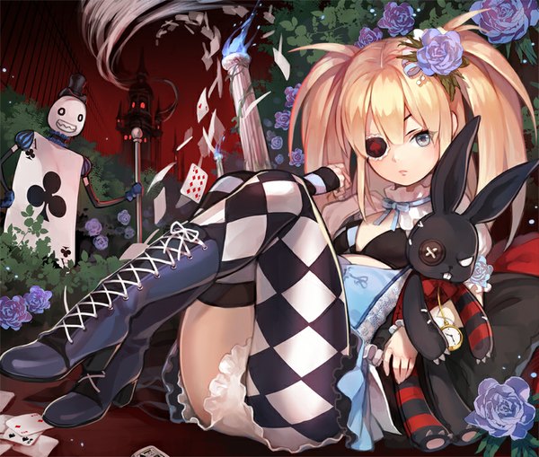 Anime picture 850x722 with alice in wonderland original alice (wonderland) masa ashe long hair looking at viewer fringe blue eyes light erotic blonde hair hair between eyes twintails holding bent knee (knees) hair flower lips eyebrows lacing lolita fashion checkered
