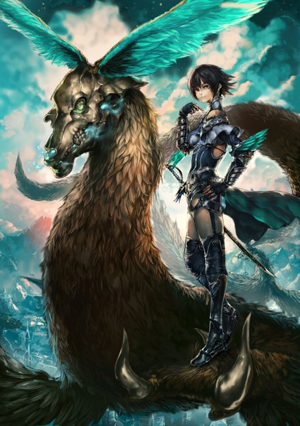 Anime picture 1197x1700 with original eel (artist) tall image short hair black hair smile cloud (clouds) hand on hip glowing mountain head wings pointing girl weapon earrings animal sword wings armor thigh boots