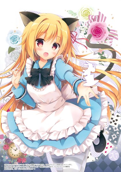 Anime picture 2319x3300 with original hisama kumako single long hair tall image blush highres open mouth blonde hair red eyes animal ears tail animal tail cat ears scan cat girl cat tail girl dress flower (flowers)
