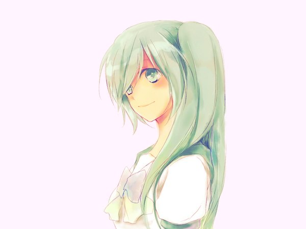 Anime picture 1024x768 with vocaloid hatsune miku single long hair simple background smile white background green eyes green hair pink background girl hhham