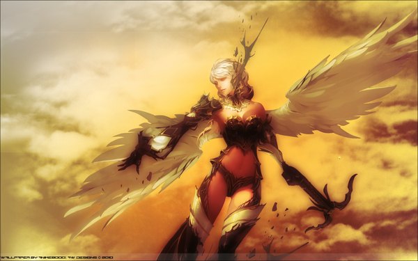 Anime picture 1680x1050 with lineage (game) aion single short hair wide image sky cloud (clouds) white hair girl weapon wings