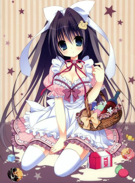Anime picture 2511x3400 with nanaka mai long hair tall image blush highres blue eyes black hair girl thighhighs dress bow hair bow white thighhighs food frills sweets basket milk