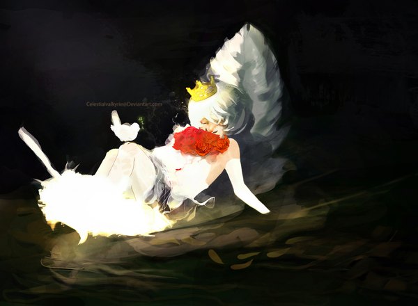Anime picture 2181x1603 with celestialvalkyrie single highres short hair white hair lying flower (flowers) animal water bird (birds) rose (roses) feather (feathers) crown musical note