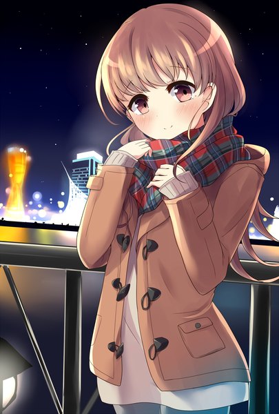 Anime picture 1162x1719 with kantai collection ooi light cruiser soramuko single long hair tall image looking at viewer blush fringe smile brown hair brown eyes night night sky city hand on chest city lights girl jacket scarf