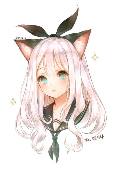 Anime picture 1200x1799 with original shale single long hair tall image looking at viewer blush fringe simple background white background signed animal ears white hair aqua eyes cat ears sparkle portrait sailor collar :< girl