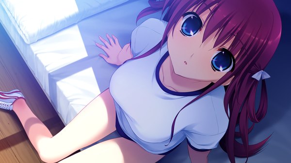 Anime picture 1024x576 with grisaia no kajitsu suou amane fumio (ura fmo) single long hair looking at viewer breasts open mouth blue eyes wide image large breasts sitting game cg red hair parted lips from above arm support shadow looking up surprised