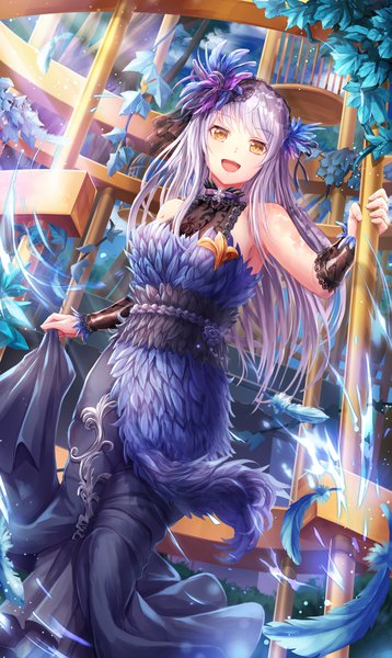 Anime picture 1311x2196 with bang dream! minato yukina lunacle single long hair tall image looking at viewer fringe open mouth bare shoulders yellow eyes silver hair girl dress hair ornament feather (feathers)