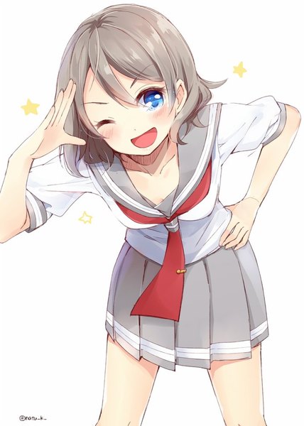 Anime picture 714x1000 with love live! sunshine!! sunrise (studio) love live! watanabe you hazuki natsu single tall image looking at viewer blush fringe short hair open mouth blue eyes simple background smile hair between eyes white background pleated skirt one eye closed grey hair