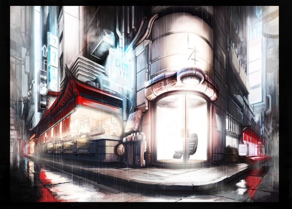 Anime picture 1400x1001 with original gom jabbar city glowing border rain cityscape no people landscape street building (buildings) shop signboard