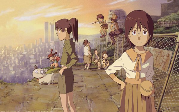 Anime picture 1920x1200 with dennou coil madhouse amasawa yuuko okonogi yuuko hashimoto fumie densuke okonogi kyouko denpa (dennou coil) gachagiri namecchi sawaguchi daichi looking at viewer highres short hair smile brown hair wide image standing twintails multiple girls